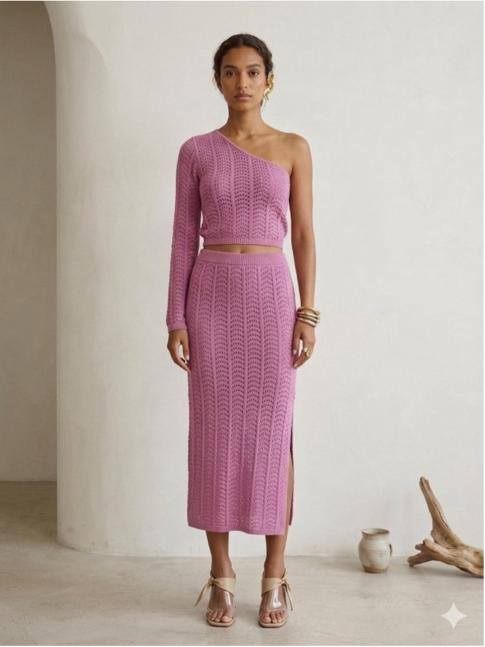 OLIVE + OAK Pink Knit 2 Piece Dress Set M Boho Minimalist Asymmetrical Maxi Midi